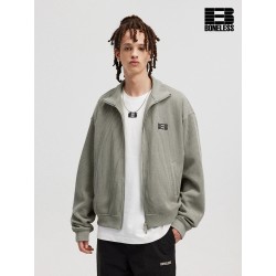 [BONELESS] Ribbed Zip-Up Track Jacket – Sage Green Stand Collar