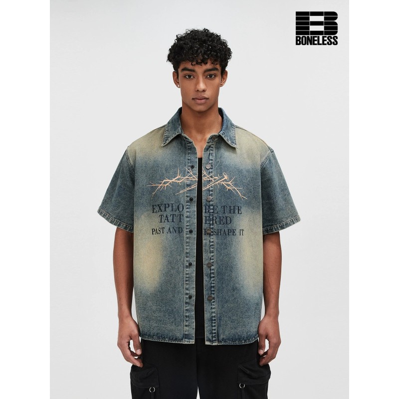 [BONELESS] Faded Denim Graphic Shirt – Short Sleeve Button-Up