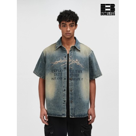 [BONELESS] Faded Denim Graphic Shirt – Short Sleeve Button-Up