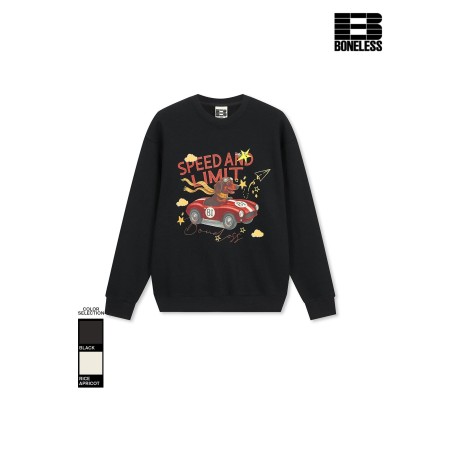 [BONELESS] “Speed and Limit” Graphic Sweatshirt – Racing Dog Crewneck, Black / Rice Apricot