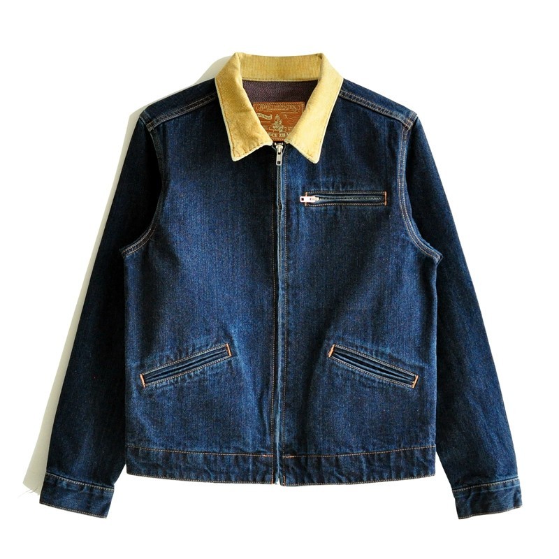 [WBT] Denim Work Jacket with Corduroy Collar – Dark Indigo Zip Front